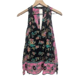 Tolani Sleeveless Floral Blouse 100% Silk Black Pink Keyhole Size S summer boho